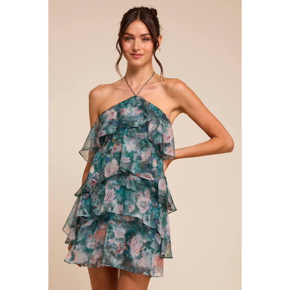 Lulus Melody Teal Multi Floral Tiered Halter Mini Dress Blue - Size XL